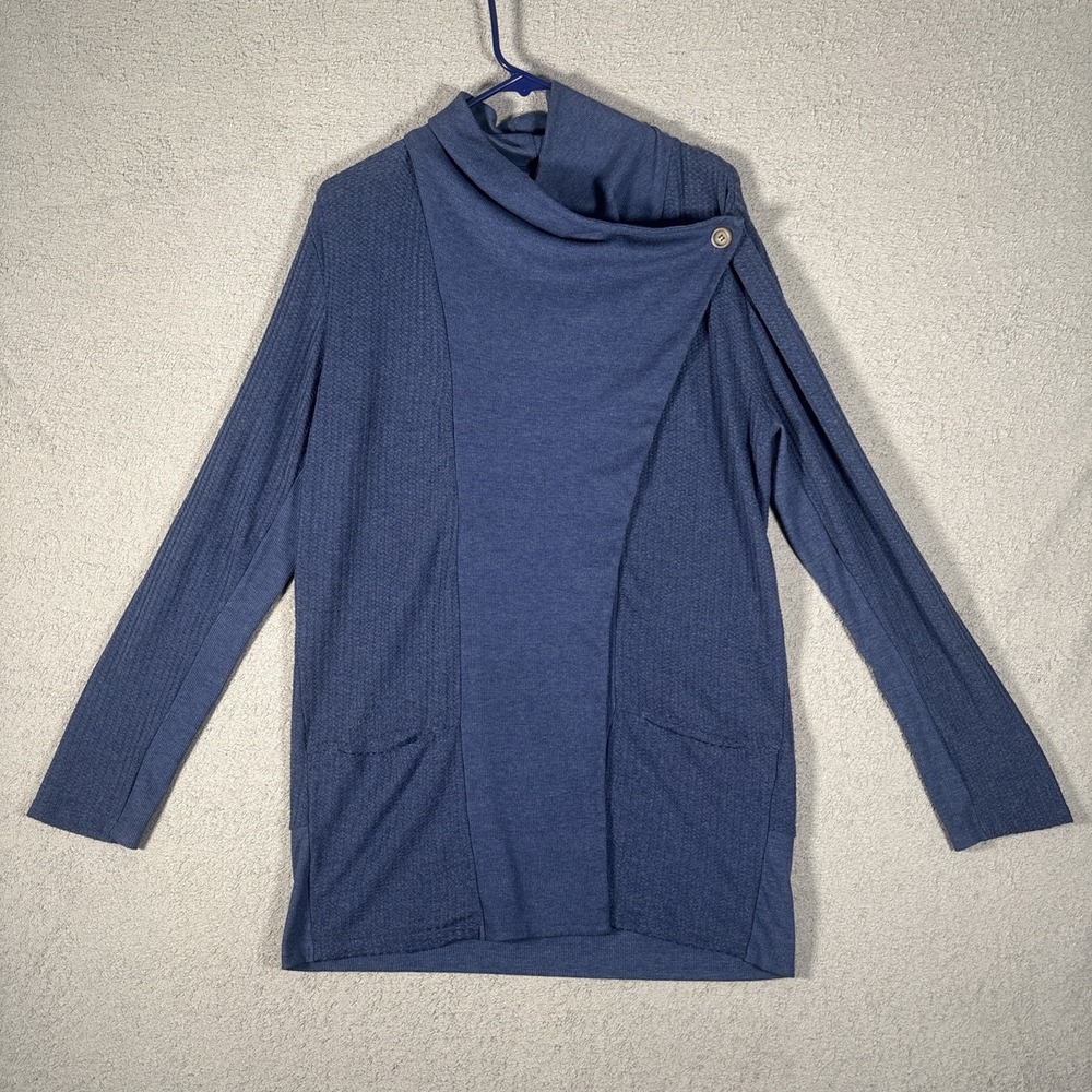 Fresh Produce Womens Blue Waffle Knit Asymmetrical Button Wrap Cardigan Size SM‎